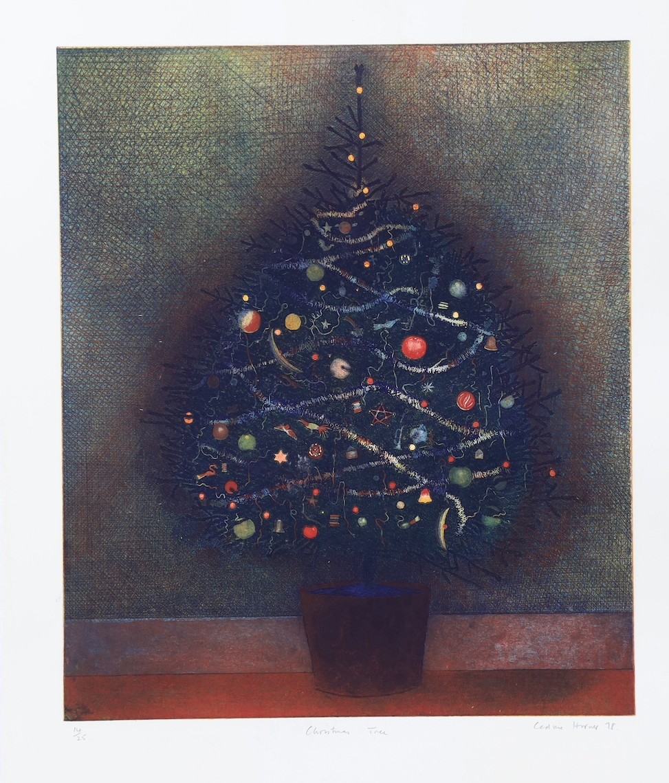 Cedric Horner (1937 - 2003), eight limited edition etchings, Plantation in Winter 29/50, Firework 6/50, The Visit 19/50, Christmas Tree 2/25 and 14/25, Fairground Figure, together with a figure sketch (8)